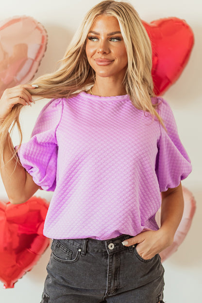 Solid Textured O Neck Puff Sleeve Blouse | Phalaenopsis