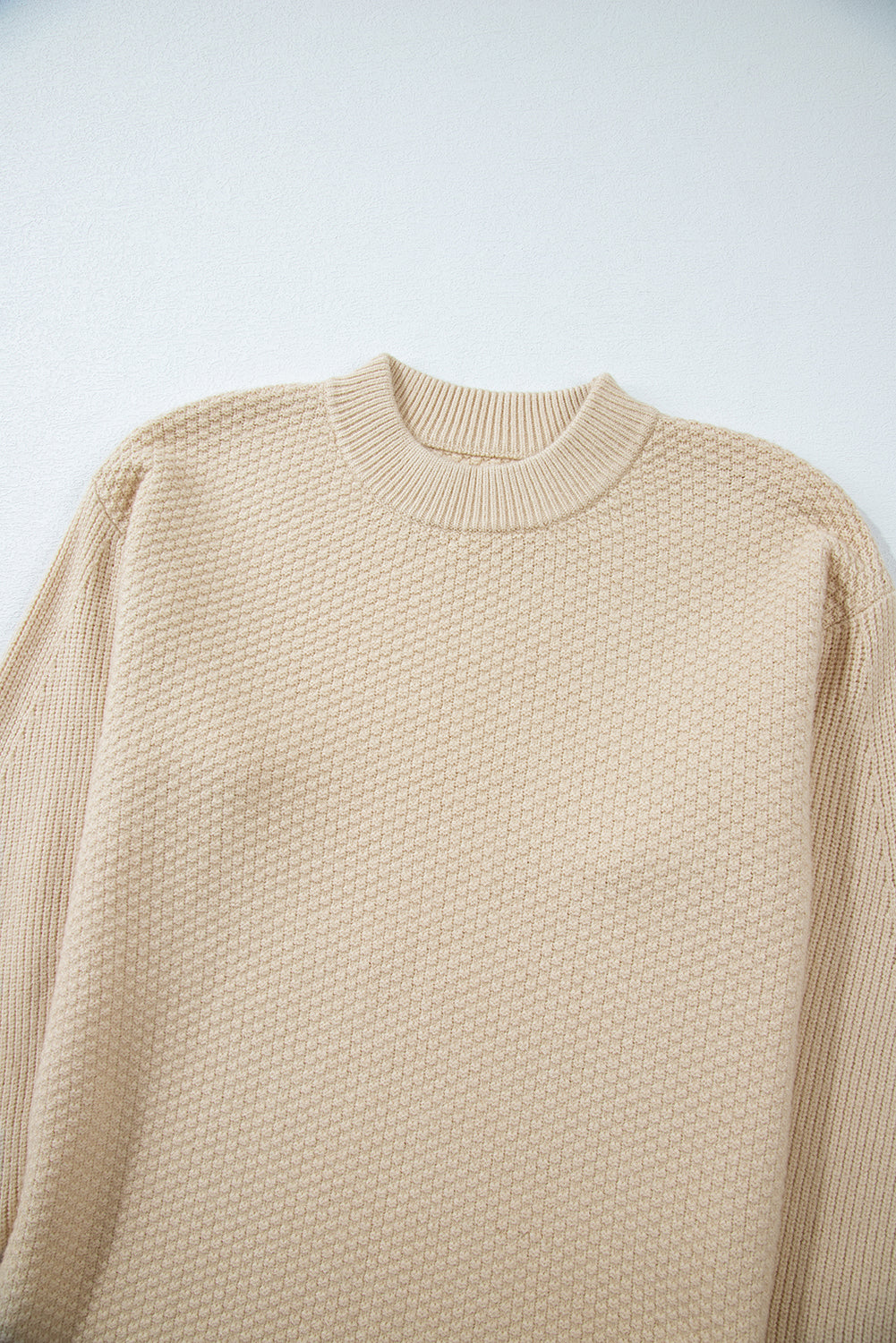 Solid Textured Knit Split Cuff Drop Shoulder Loose Sweater | Parchment