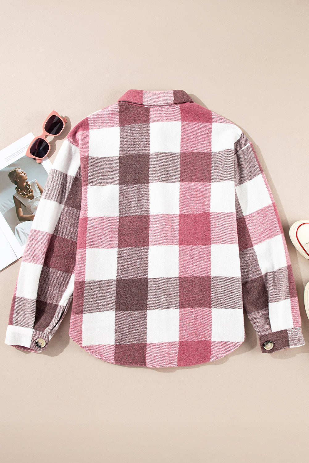 Plaid Colour Block Buttoned Long Sleeve Jacket With Pocket | Red