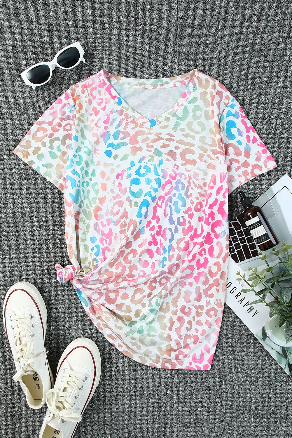 Colourful  V Neck Short Sleeve Top | Leopard