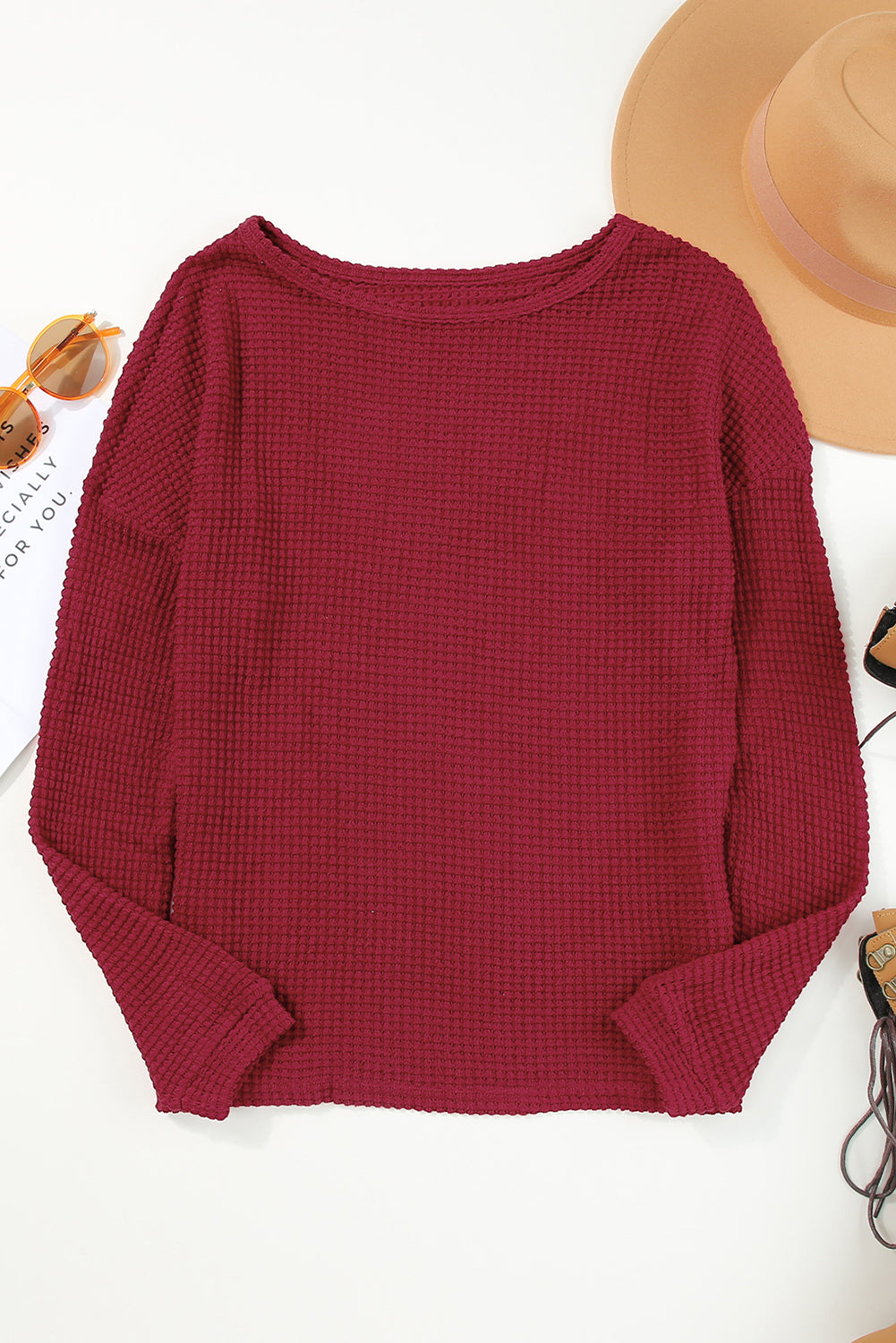 Fiery  Waffle Knit Drop Shoulder Long Sleeve Top | Red