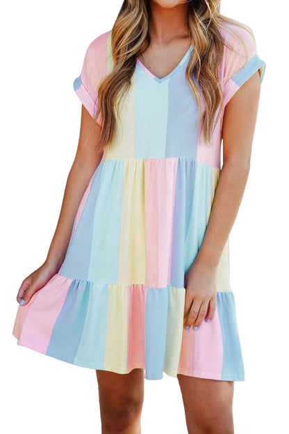 Striped Colour Block Tiered Mini Dress | Multicolour