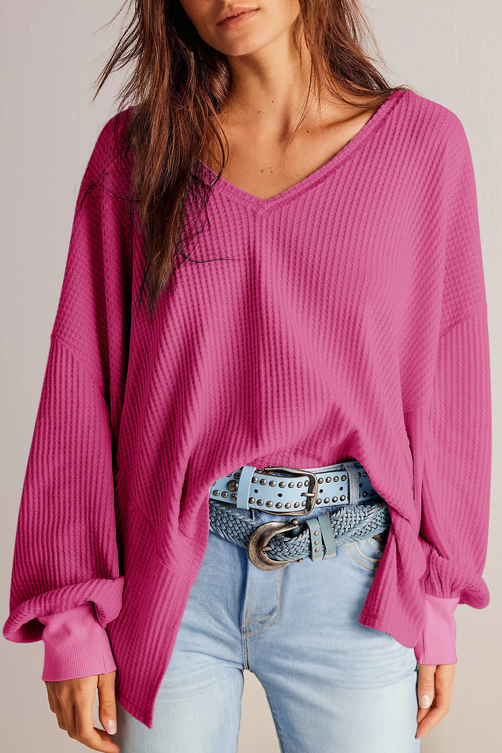 Bright Pink Waffle V Neck Long Sleeve Drop Shoulder Loose Blouse