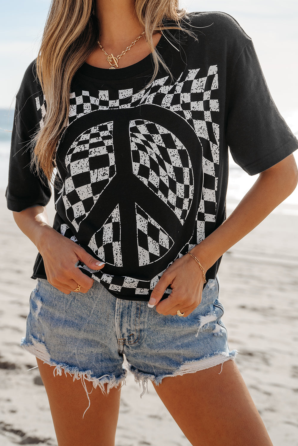 Checkerboard Peace Sign Printed Round Neck T Shirt | Black