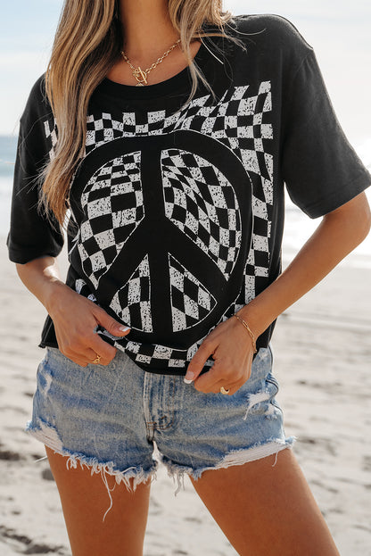 Checkerboard Peace Sign Printed Round Neck T Shirt | Black