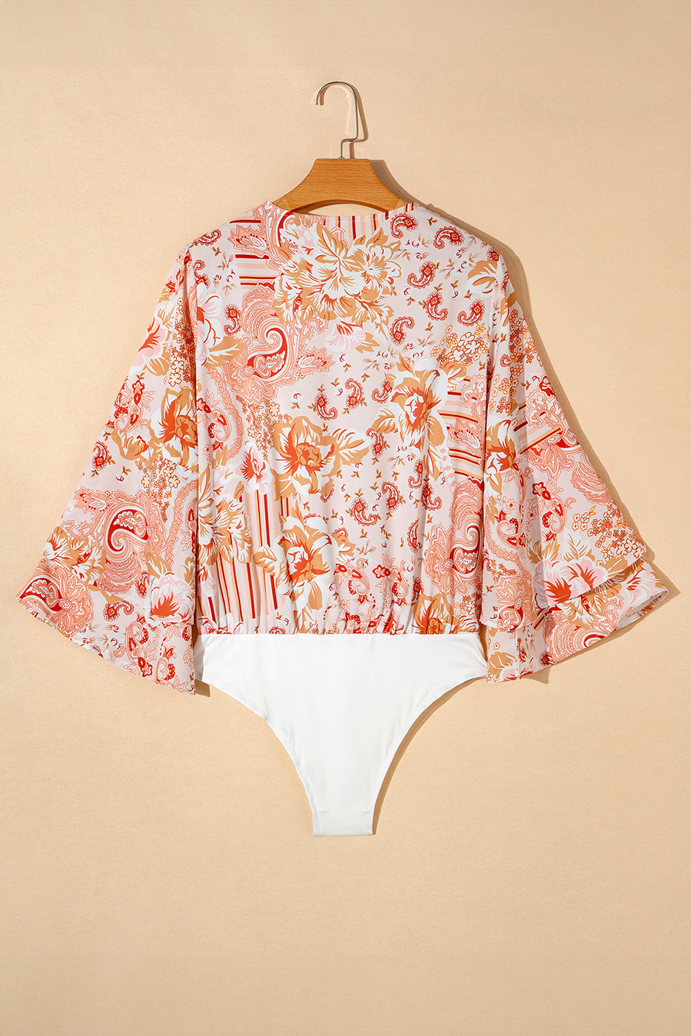 Floral Print Ruffled Bell Sleeve V Neck Bodysuit | Orange