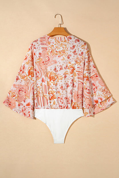 Floral Print Ruffled Bell Sleeve V Neck Bodysuit | Orange