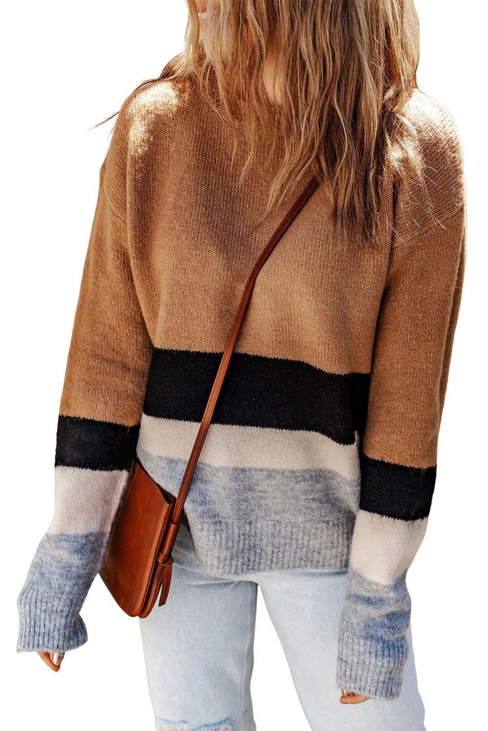 Colour Block Striped Ribbed Knit Sweater | Brown