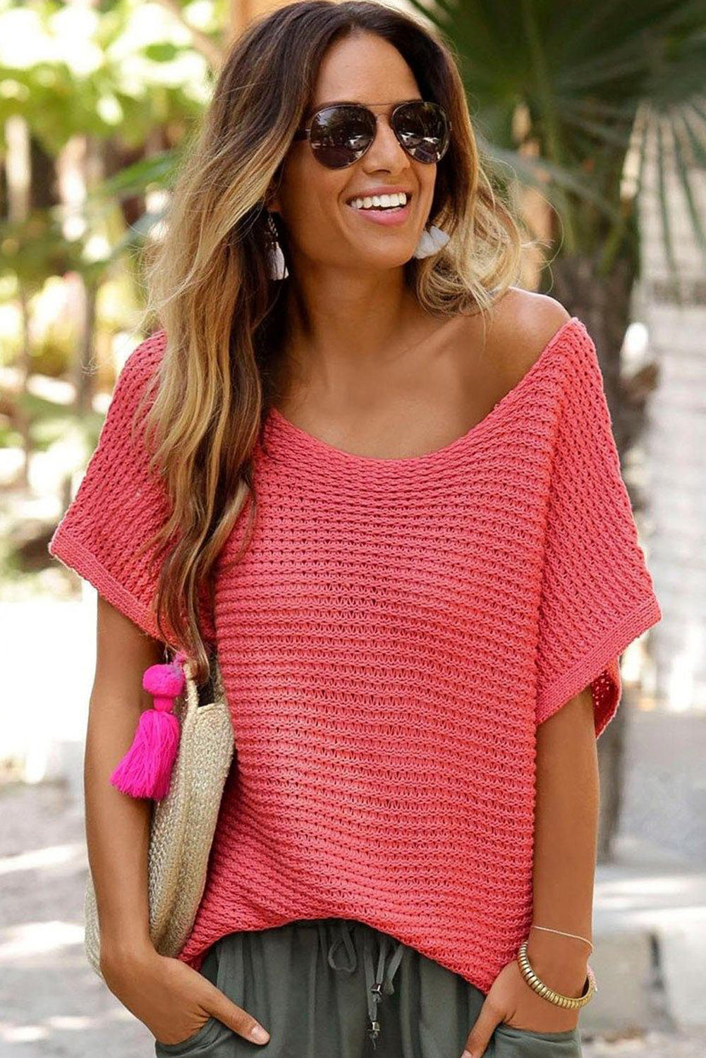 Solid Loose Knit Short Dolman Sleeve Sweater | Red Clay