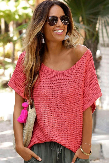 Solid Loose Knit Short Dolman Sleeve Sweater | Red Clay