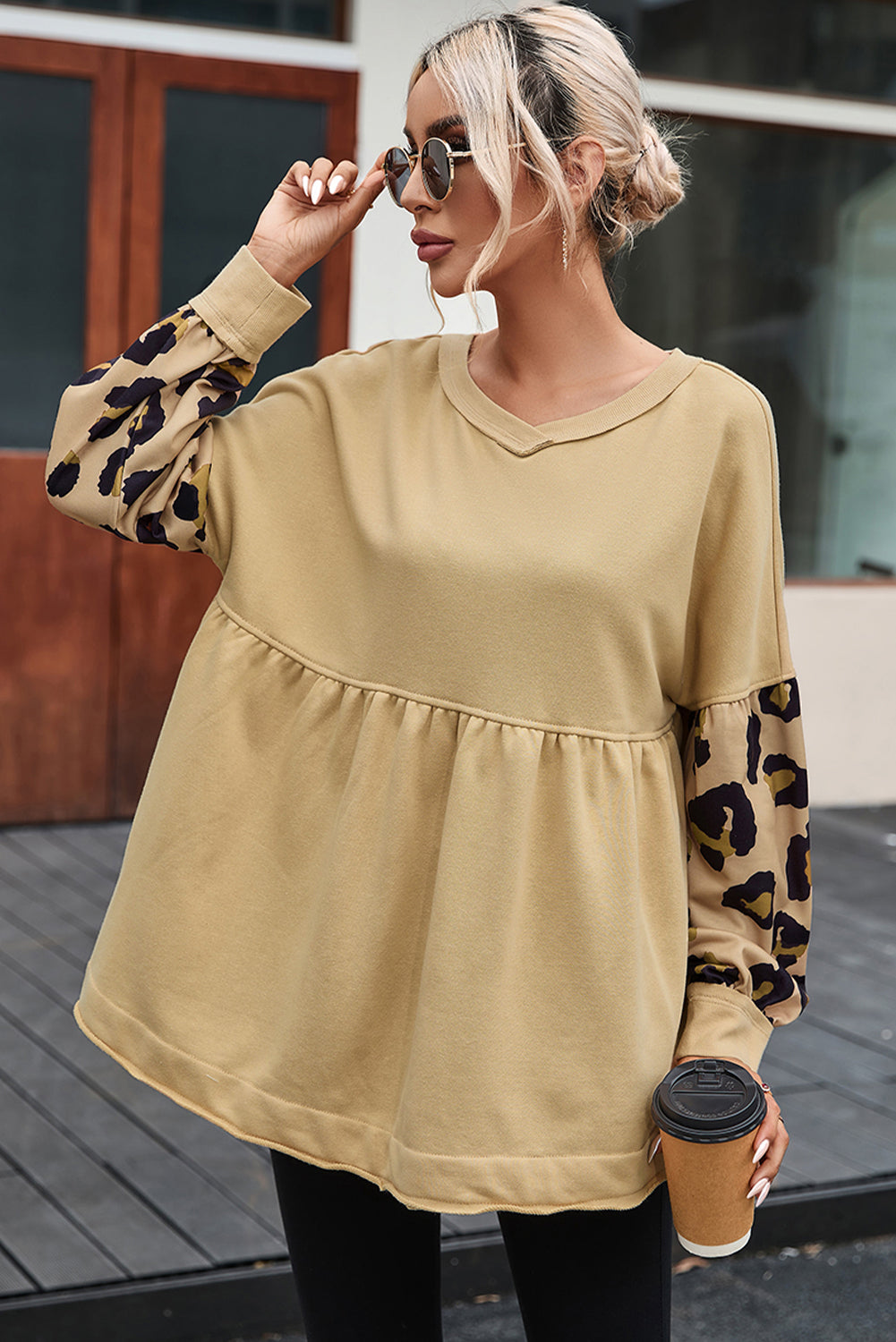 Leopard Splicing Sleeve Ruffle Loose Sweatshirt | Khaki