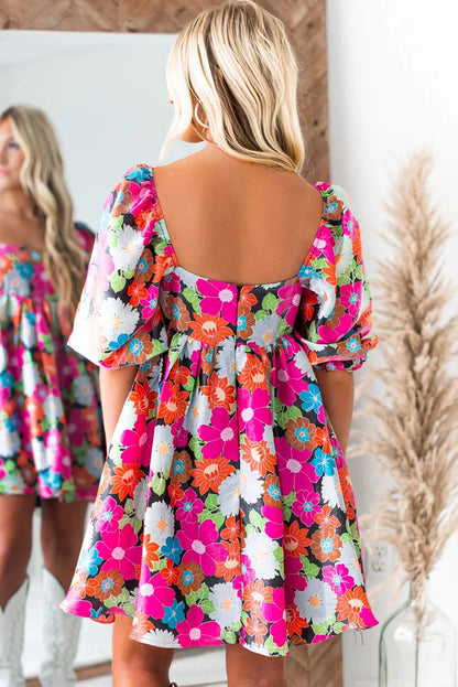 Floral Print Square Neck Short Puff Sleeve Dress | Rose