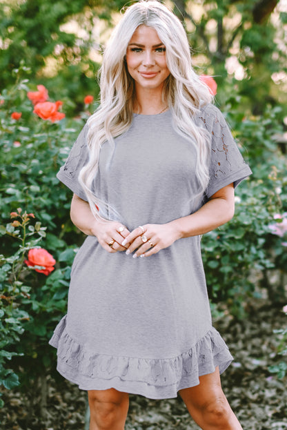 Lace Floral Patchwork Ruffled T-Shirt Dress | Light Grey