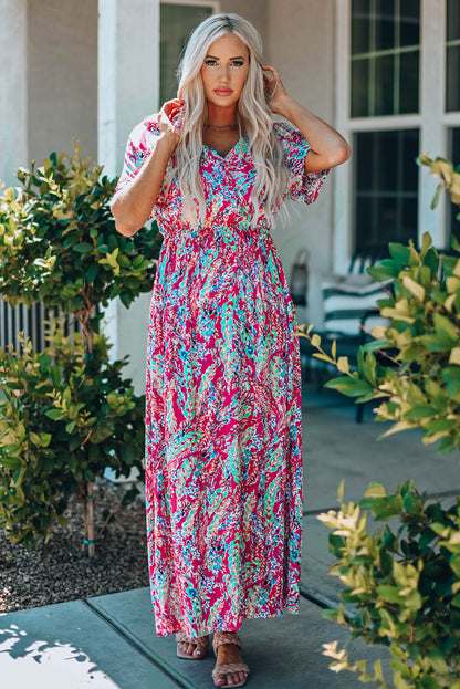 Wrap V Neck Floral Maxi Dress | Red