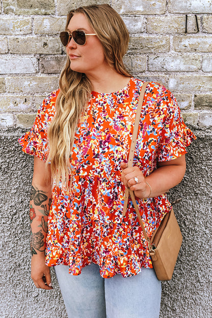 Floral Printed Ruffle Sleeve Curvy Babydoll Blouse | Orange