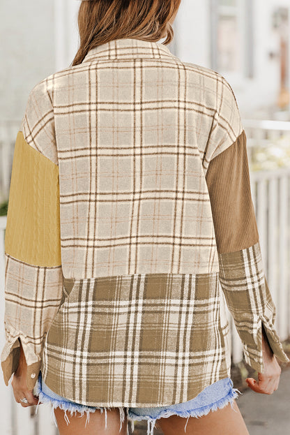 Plaid Colour Block Patchwork Shirt Jacket With Pocket | Khaki