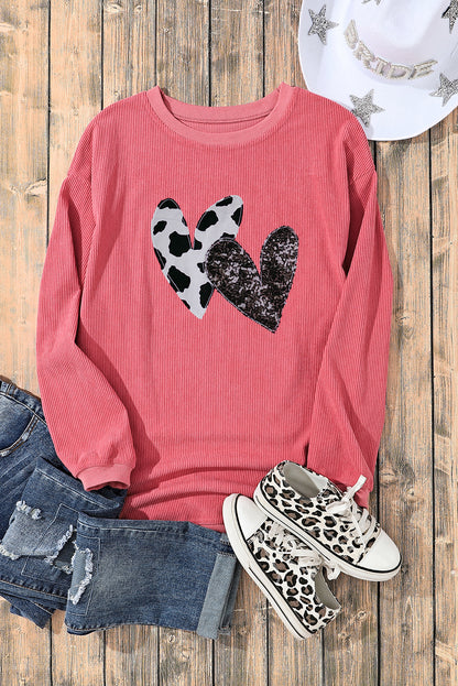 Leopard Sequin Heart Graphic Corded Sweatshirt | Strawberry Pink