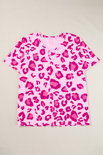 Leopard Print V Neck Plus Size Tee | Rose