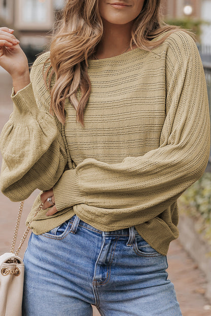 Lantern Sleeve Eyelets Textured Knit Sweater | Apricot