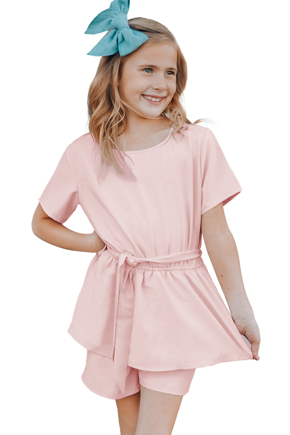 Keyhole Back Belted Peplum Girls Romper | Pink