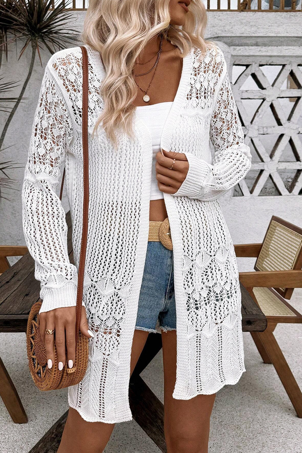 Crochet Hollow Out Open Front Cardigan | White