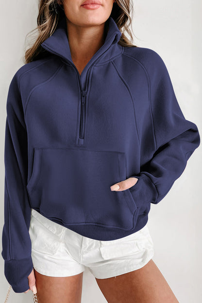 Fleece Lined Zip Up Stand Collar Thumbhole Sleeve Sweatshirt | Navy Blue