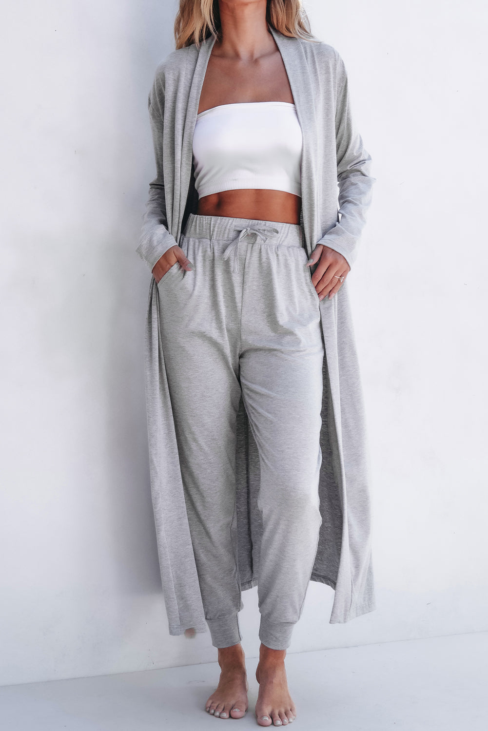 Split Long Cardigan And Skinny Pants Lounge Set | Light Grey