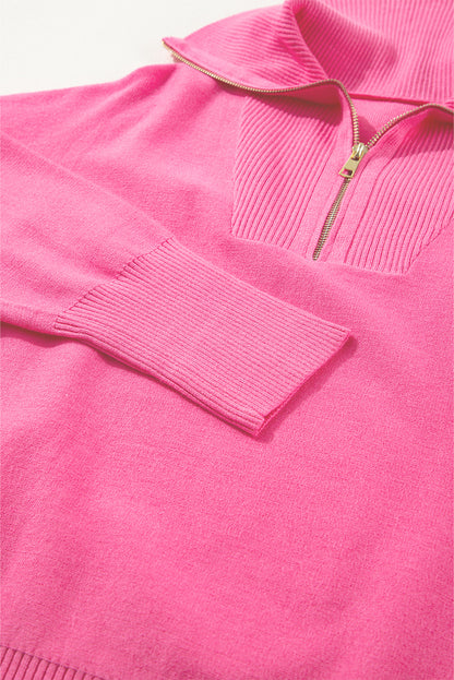 Solid Ribbed Trim Plus Size Zip Collar Sweater | Rose