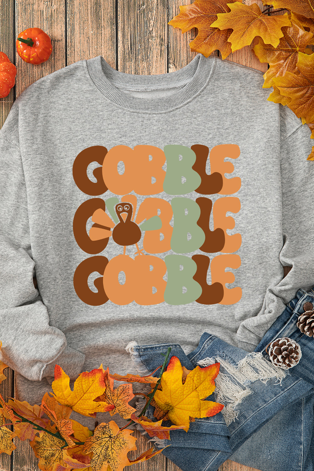 Gobble Turkey Graphic Drop Shoulder Pullover Sweatshirt | Gray