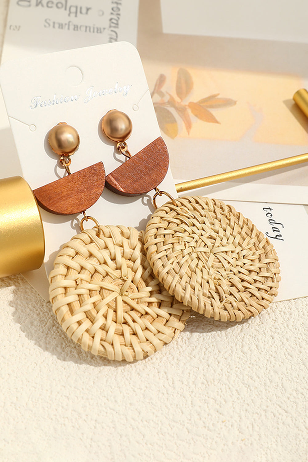 Wooden Woven Disc Dangle Earrings | Beige