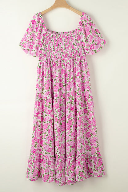 Plus Size Floral Print Smocked Puff Sleeve Dress | Pink