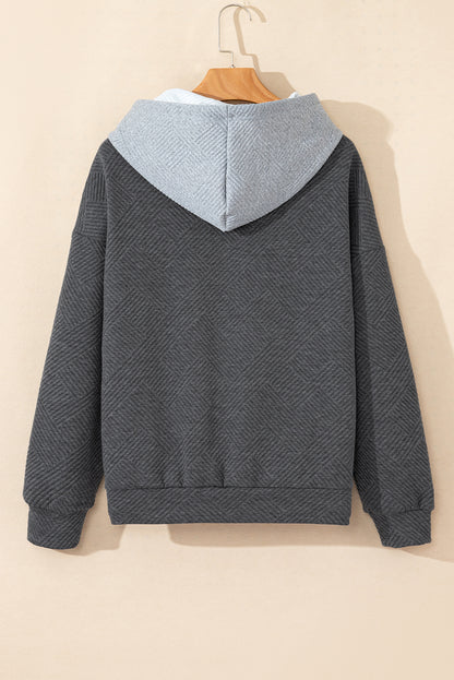 Textured Colour Block Kangaroo Pocket Drop Shoulder Hoodie | Gray