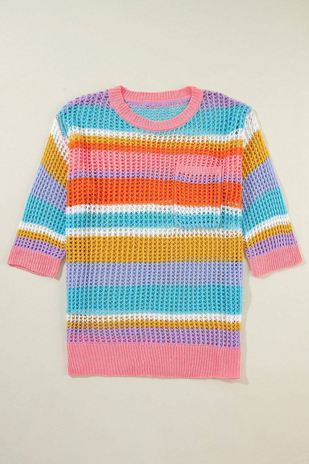 Colourblock Hollowed Crochet 3/4 Sleeve Sweater | Pink Stripe