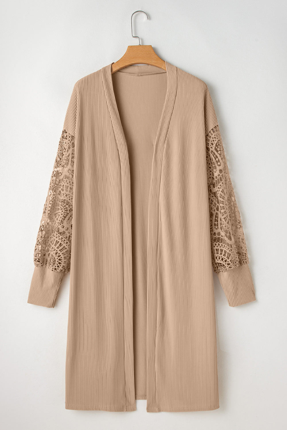 Lace Patchwork Ribbed Knit Open Front Duster Cardigan | Parchment