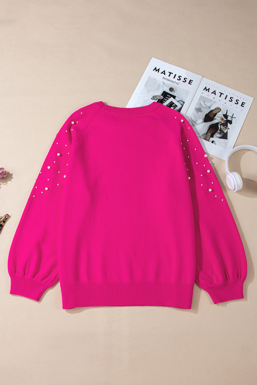 Pearled Decor Raglan Sleeve Plus Size Sweater | Strawberry Pink