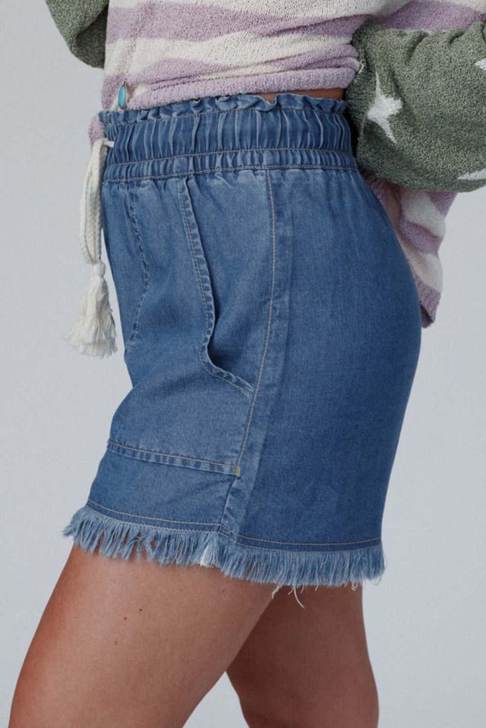 Raw Hem Drawstring High Waist Denim Shorts With Pockets | Ashleigh Blue