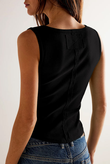 Ribbed Exposed Seam Cropped Tank Top | Black