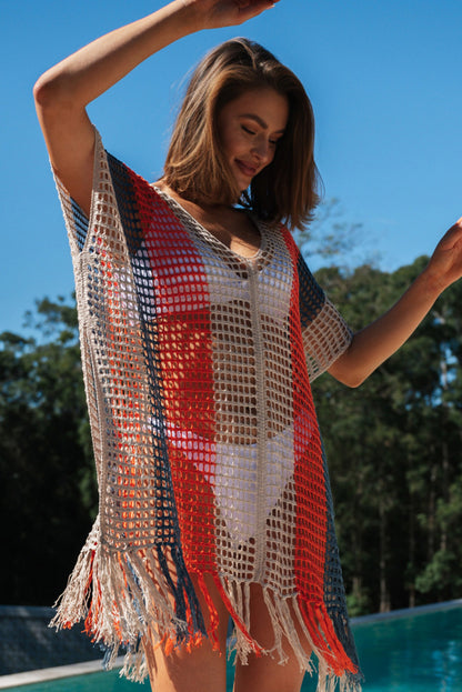 Striped Tassel Crochet V Neck Beach Cover Up | Multicolour