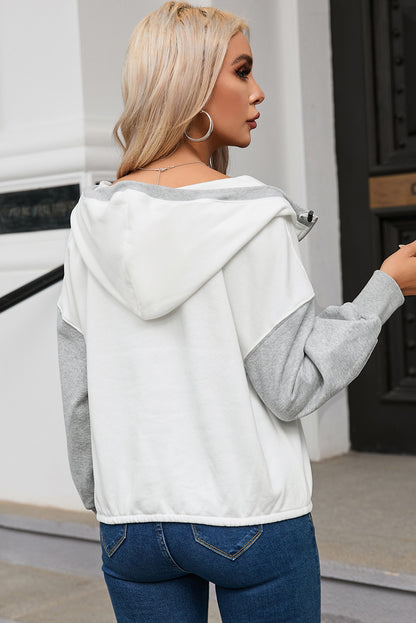 Half Zipper Kangaroo Pocket Drop Shoulder Hoodie | White