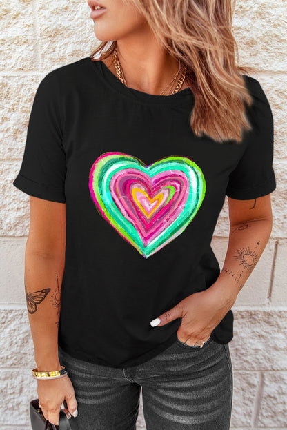 Valentine Heart Shaped Print Crew Neck T Shirt | Black