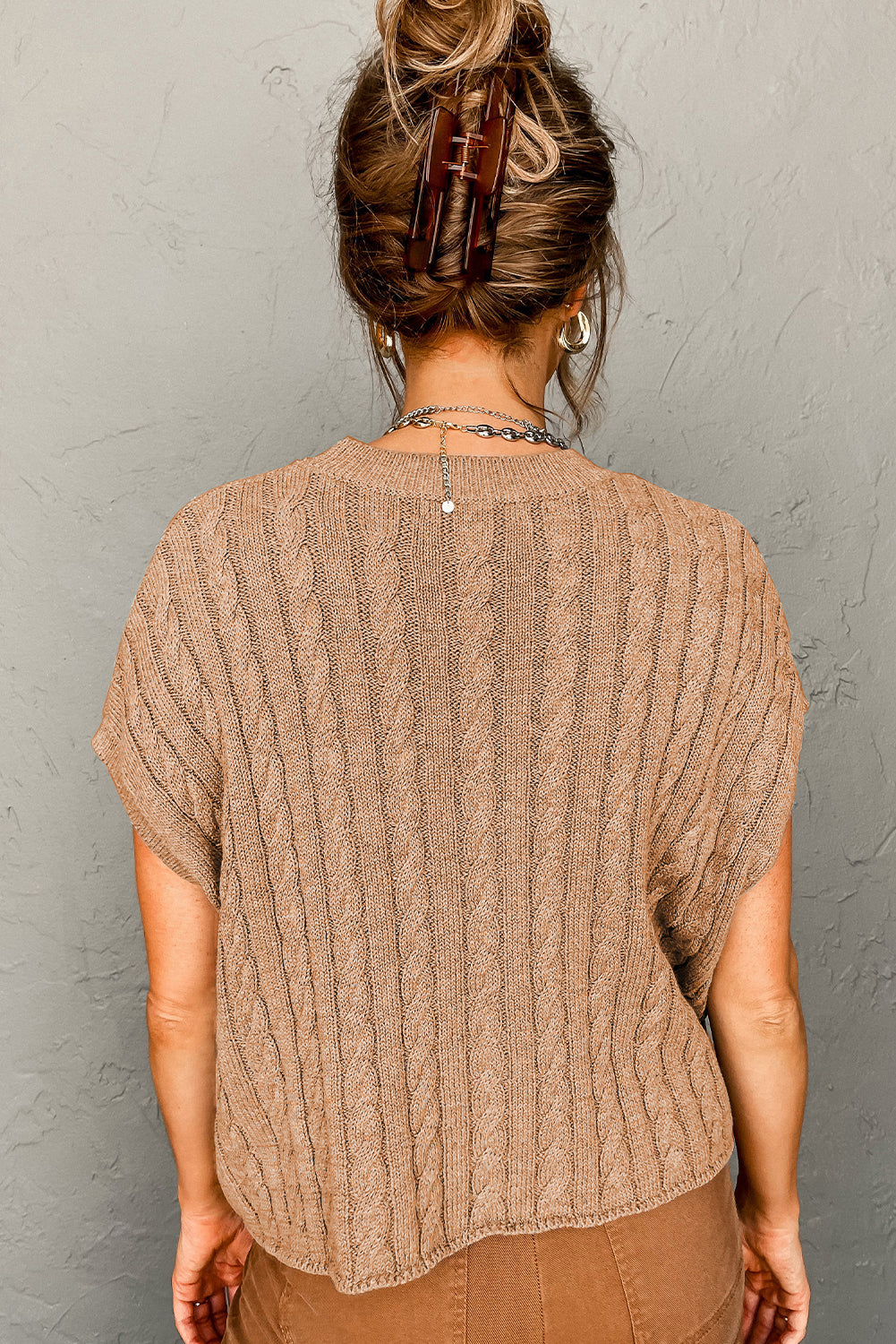 Crew Neck Cable Knit Short Sleeve Sweater | Light French Beige