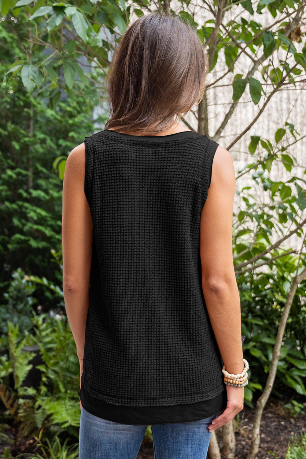 Scoop Neck Waffle Knit Flowy Vest | Black