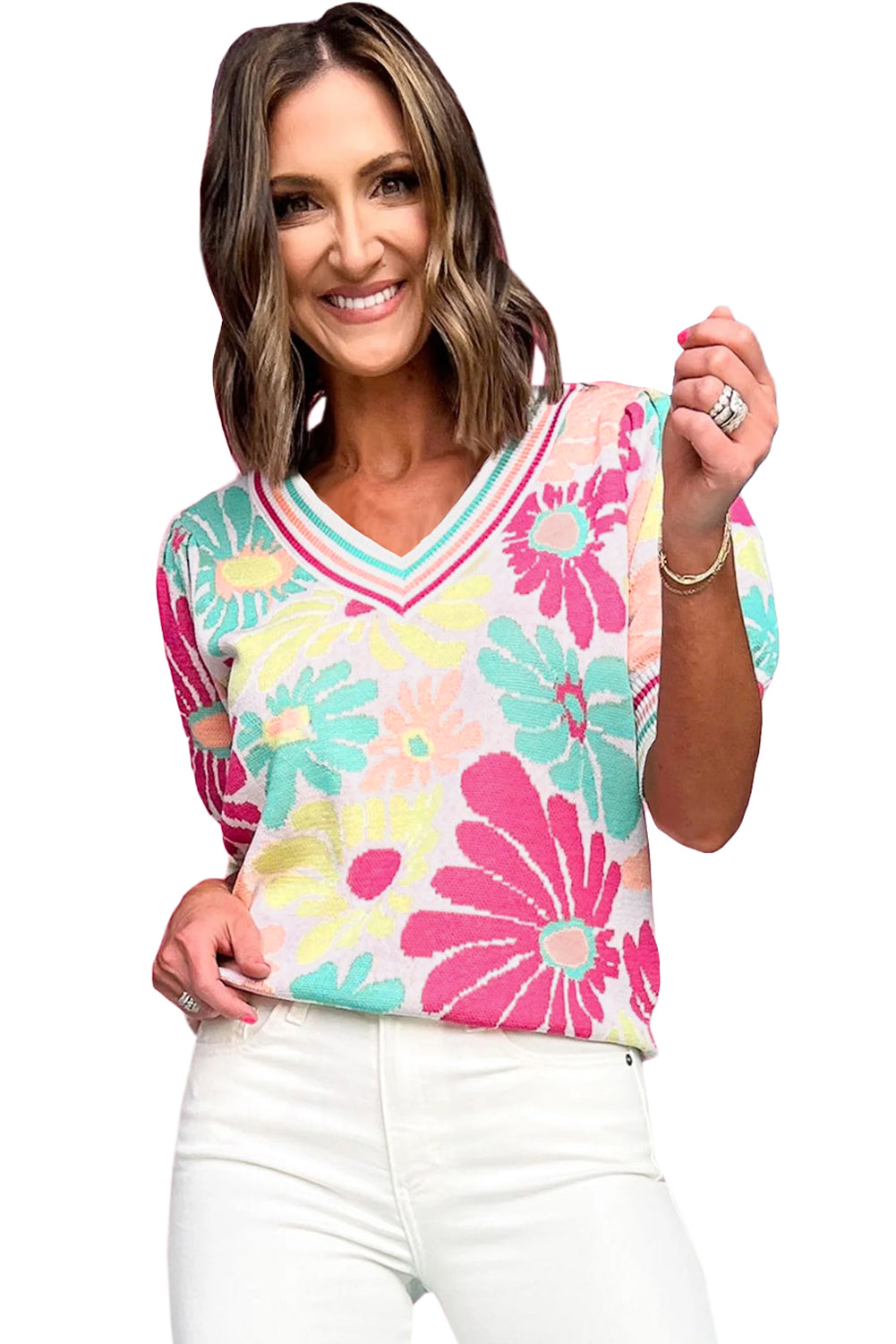 Floral Print V Neck Short Sleeve Sweater | Multicolour