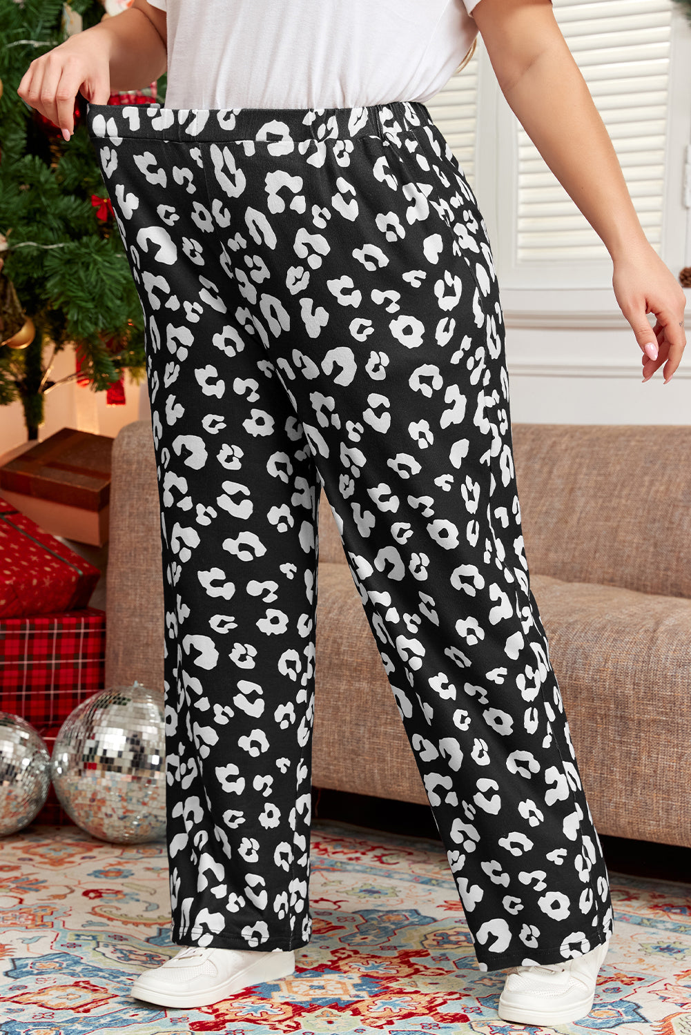 Print Wide Leg Pockets Plus Size Pants | Leopard