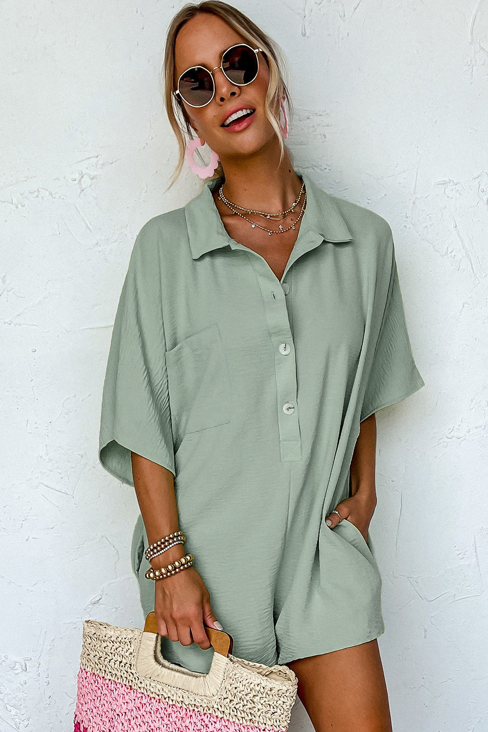 Half Button Collared Loose Romper | Spinach Green