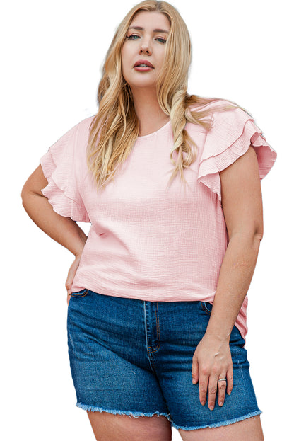 Plus Size Crinkle Textured Ruffle Sleeve Top | Light Pink