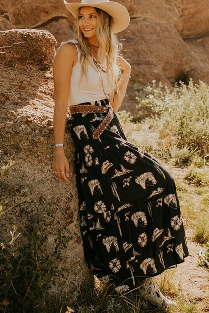 Western Print Tiered Ruffled High Waist Maxi Skirt | Black