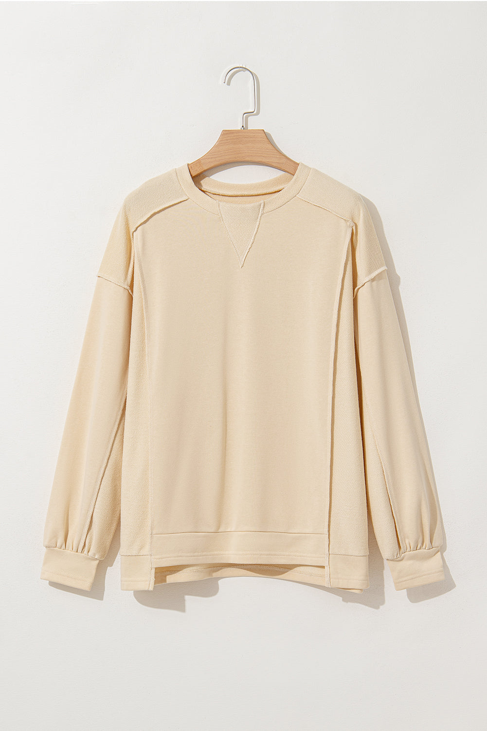 Splicing Round Neck Pullover Sweatshirt | Beige