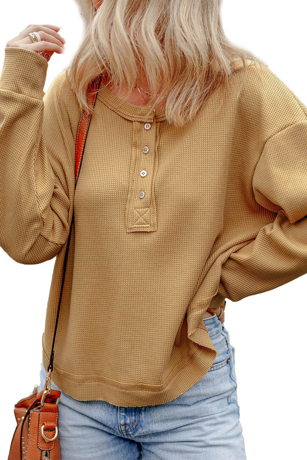 Textured Knit Half Button Drop Shoulder Oversized Top | Camel