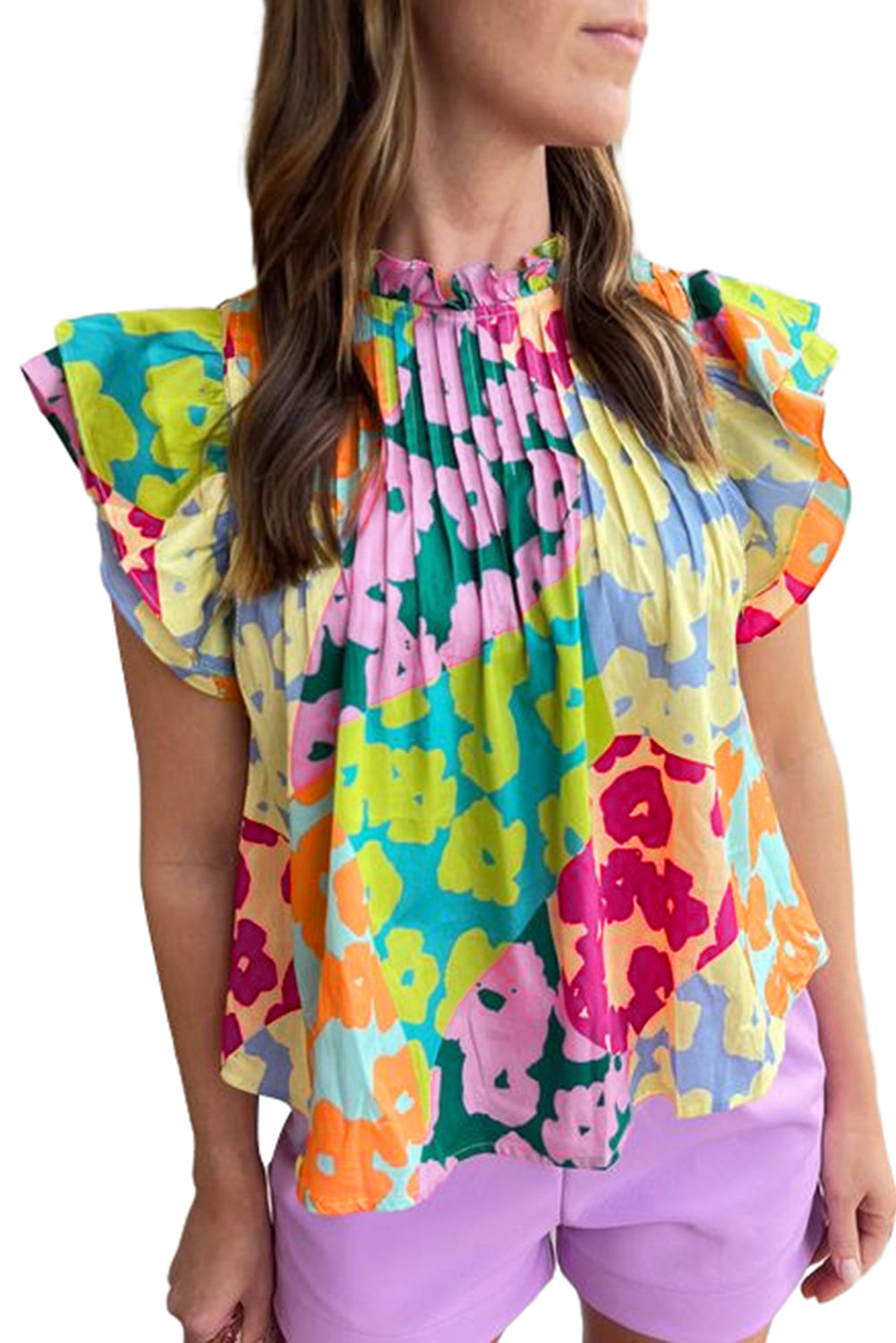 Abstract Print Pleated Flutter Sleeve Blouse | Multicolour